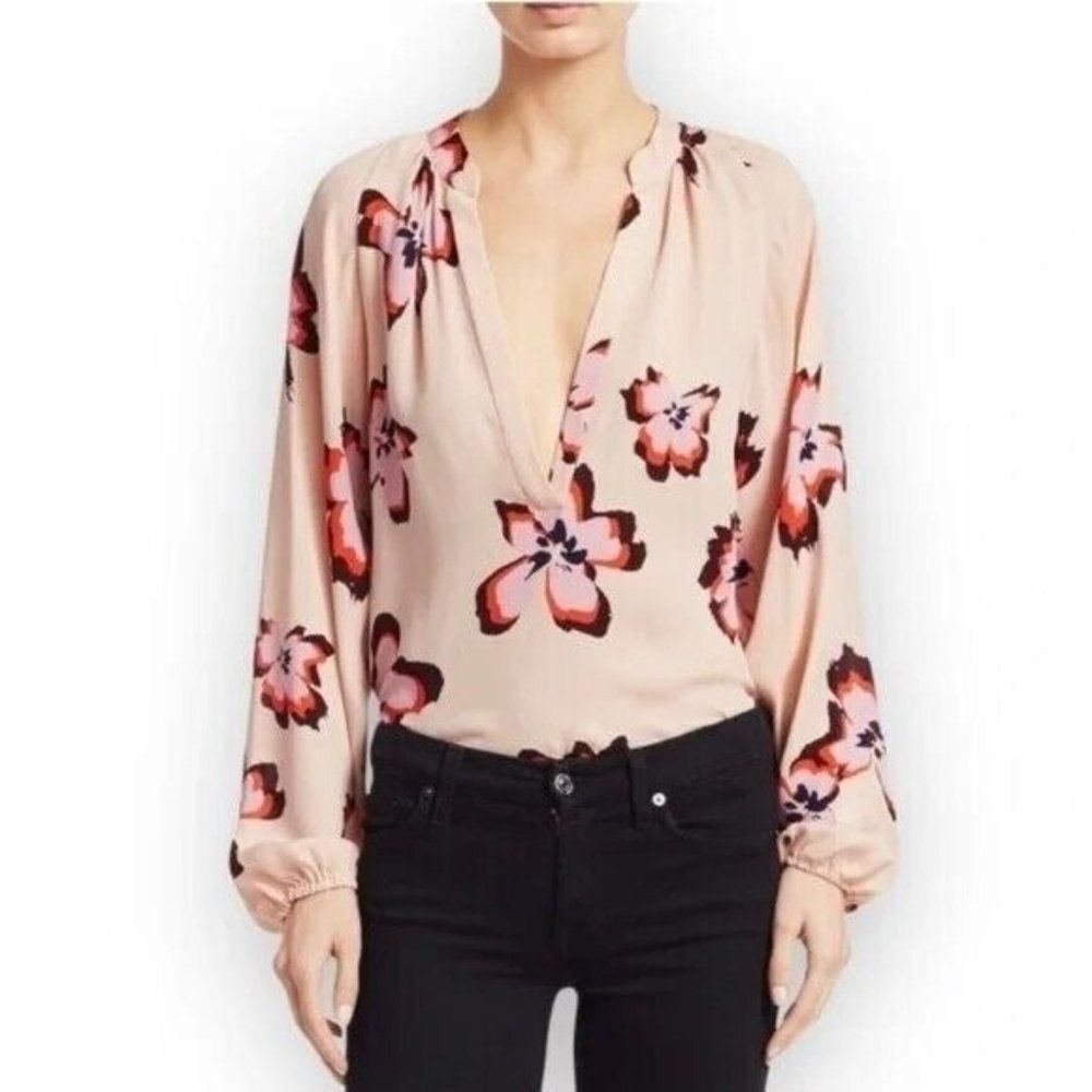 A.L.C Jules Floral Long Sleeve V-neck Silk Blouse Size 4